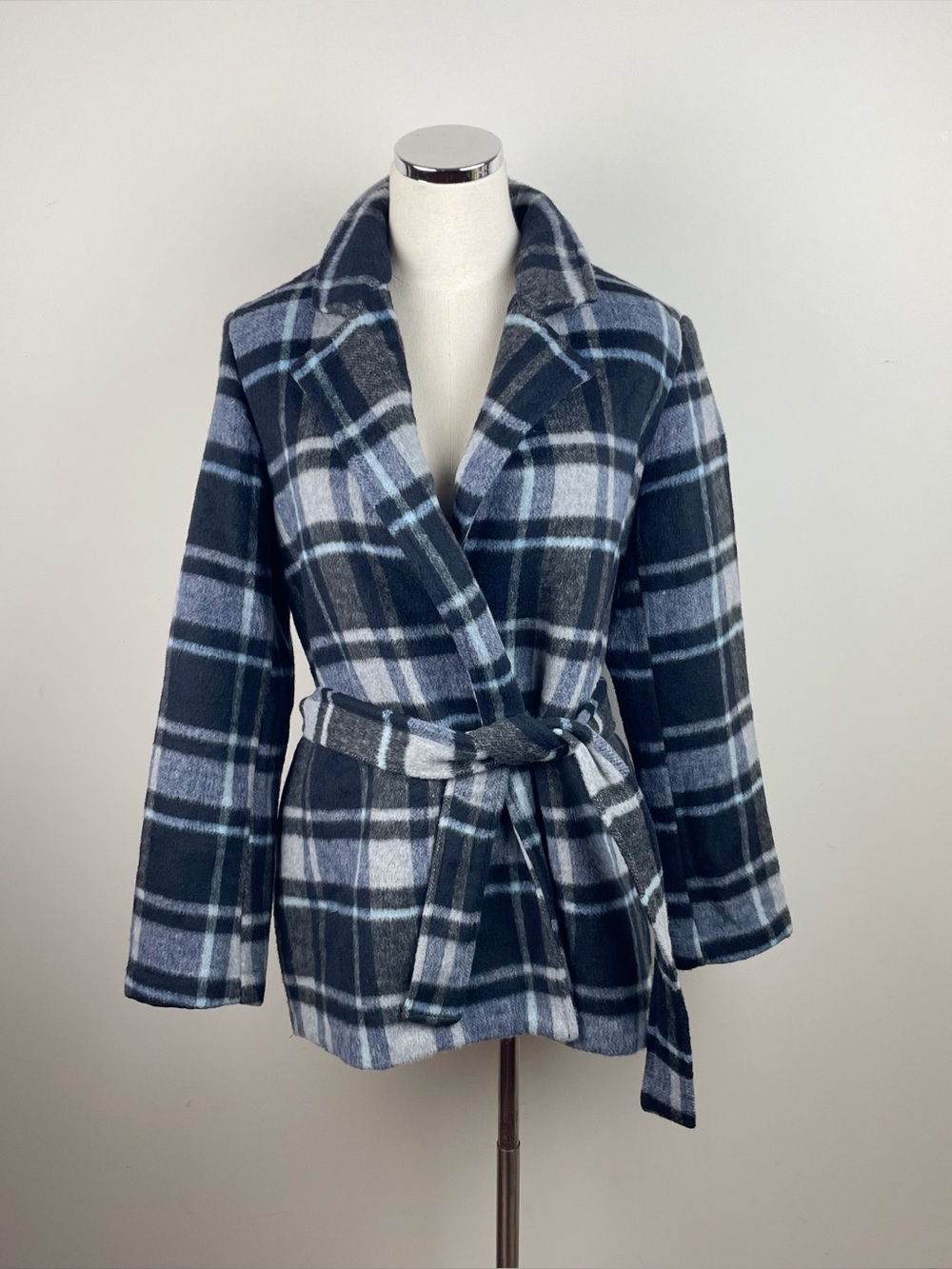 Joie Blue Black White Plaid Belted Wrap Coat Women Size Large